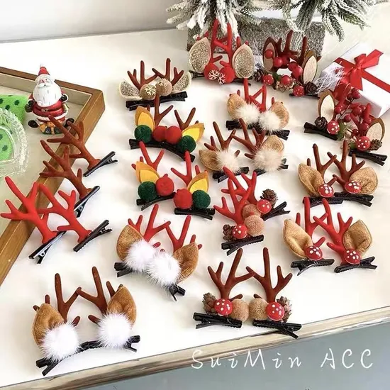 Bestselling Christmas Reindeer Antler Hair Clips Mink Fur Adorned Holiday Hair Accessories