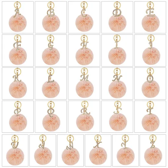 26 Diamond Alloy English Letter Keychain Imitation Rex Rabbit Fur Ball Bag Pendant Plush Luggage Accessories