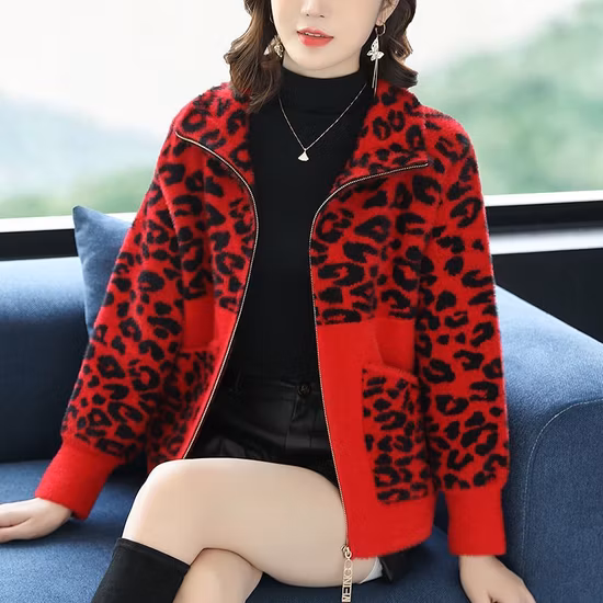 Imitation Sable Velvet Cardigan Coat Female 2023 Winter New Flip Neck Sweater Sweater Mink Leopard Zipper Coat Female