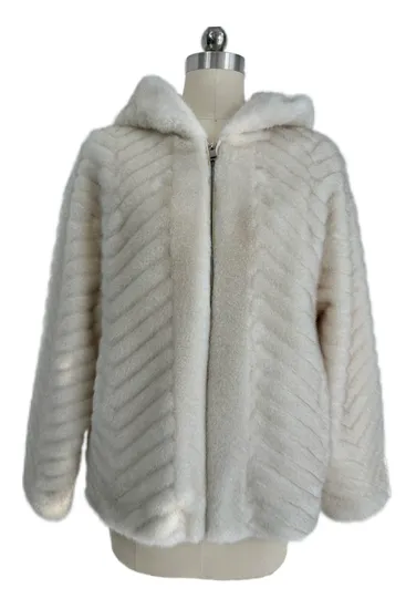 Women Clothes Ivory Cutting Line Faux Mink Fur Hooded Coat Apparel 