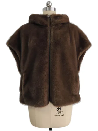Woman′s Coat Brown Faux Mink Fur Hooded Vest Coat Fake Fur Vest 