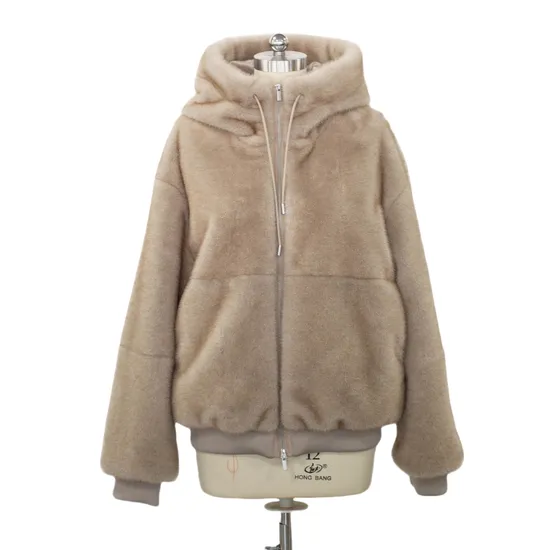 Customized OEM ODM Winter Coat High Fashion Faux Fur Coat Women Short Eco Faux Mink Fur Coat with Zipper Closure and Round Hood 
