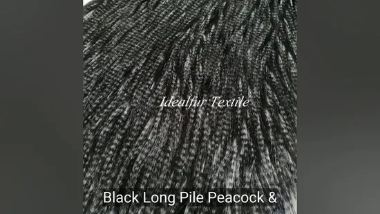 Luxurious Black Long Pile Faux Fur with Peacock & Pheasant Design 